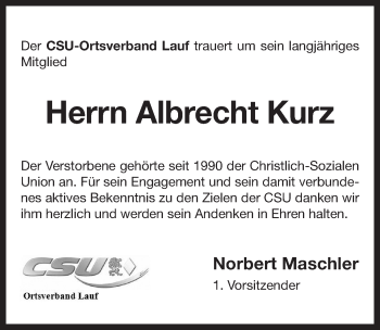 Traueranzeige von Albrecht Kurz von Pegnitz-Zeitung